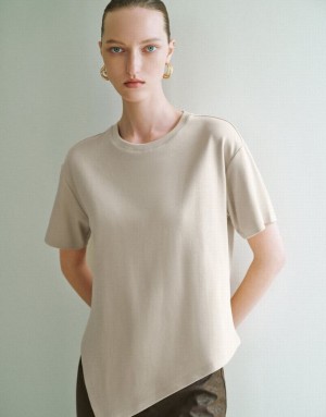 Urban Revivo Asymmetric Hem Crew Neck ニット Tシャツ レディース カーキ | 810473-TSZ