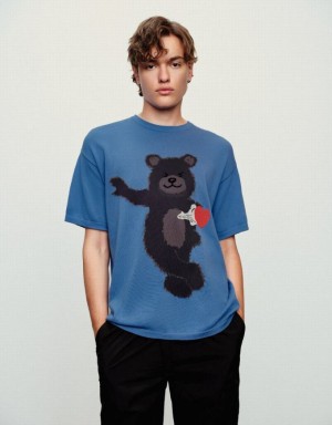 Urban Revivo Bear Printed ニット カーディガン メンズ 青 | 964832-CKG