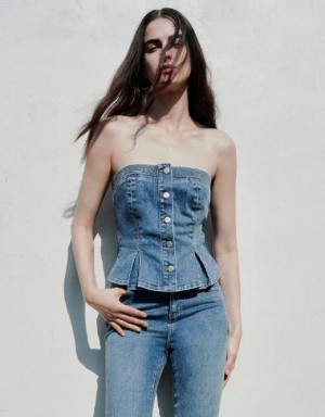 Urban Revivo Button Up Denim Tube Top ブラウス レディース 青 | 083716-JUB