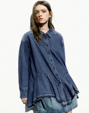 Urban Revivo Button Up Loose Denim シャツ レディース 青 | 723561-LXE