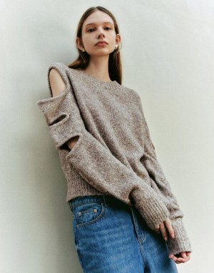 Urban Revivo Cold Shoulder Crew Neck ニット カーディガン レディース グレー | 980471-UQA