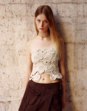 Urban Revivo Crochet ニット Tube Top カーディガン レディース ベージュ | 645791-LWM