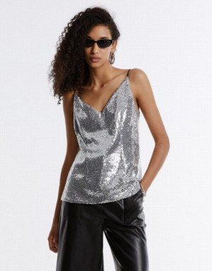 Urban Revivo Cut Out Back Sequin タンクトップ レディース シルバー | 948163-KXS