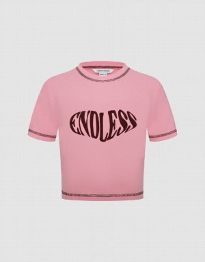 Urban Revivo Endless Printed Crew Neck スキニー Tシャツ レディース ピンク | 015286-KPO