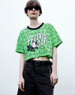 Urban Revivo Felix The Cat Printed Crew Neck Tシャツ レディース 緑 | 785649-VZQ