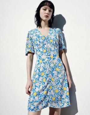 Urban Revivo Floral Printed V-Neck A-Line ワンピース レディース 青 | 861935-DHA