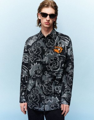 Urban Revivo Graffiti Printed Button Up Loose シャツ メンズ 黒 | 934127-BHF