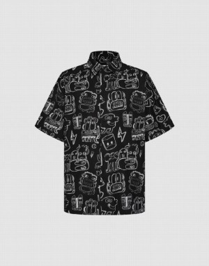 Urban Revivo Graffiti Printed Oversized シャツ メンズ 黒 | 576801-HOW