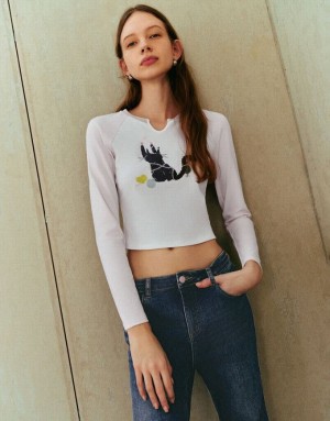 Urban Revivo Kitty Printed Raglan Sleeve スキニー Tシャツ レディース 白 | 824075-FBN