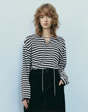 Urban Revivo Lapel Loose Tシャツ レディース Stripes | 405673-BNS