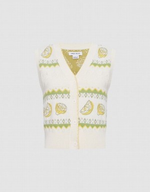 Urban Revivo Lemon Print Button Front ニット タンクトップ レディース 白 緑 | 071235-ZXO