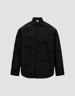 Urban Revivo Letter Printed Button Up Oversized シャツ メンズ 黒 | 167204-EYZ