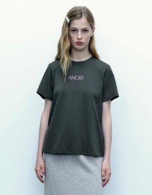 Urban Revivo Letter Printed Crew Neck A-Line Tシャツ レディース 暗グレー | 354081-EQF