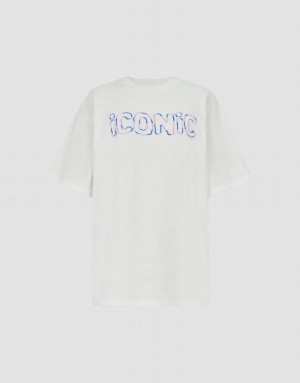 Urban Revivo Letter Printed Crew Neck Loose Tシャツ レディース 白 | 542683-QDZ