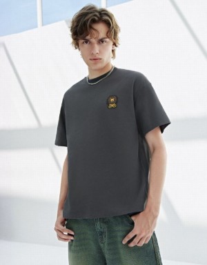 Urban Revivo Lion Embossed Crew Neck Tシャツ メンズ 暗グレー | 739580-CVQ