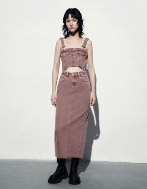 Urban Revivo Long Pinafore デニムワンピース レディース ピンク | 826347-NAM