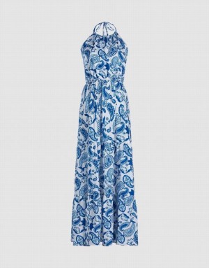 Urban Revivo Paisley Print Halter Maxi マキシドレス レディース 青 | 298405-PJN