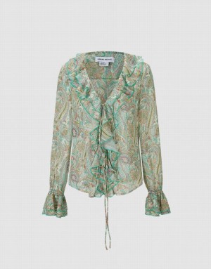 Urban Revivo Paisley Print Ruffled シャツ レディース 緑 | 916483-KWM