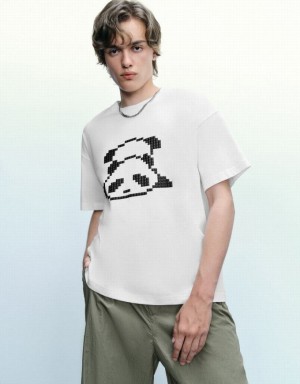 Urban Revivo Panda Printed Crew Neck Tシャツ メンズ 白 | 218039-DJZ