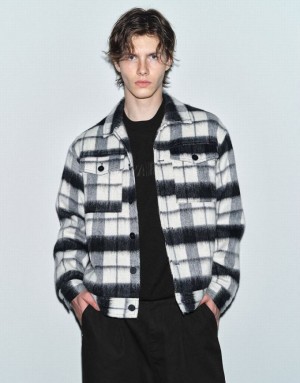 Urban Revivo Plaid Woolen 真っ直ぐ ジャケット メンズ 黒 | 320958-WLF