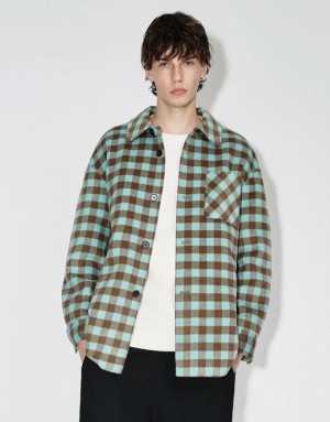 Urban Revivo Plaid 真っ直ぐ Woolen ジャケット メンズ 緑 | 045698-NDK