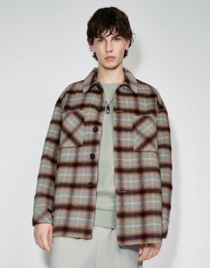 Urban Revivo Plaid 真っ直ぐ Woolen ジャケット メンズ 緑 | 497380-UXO