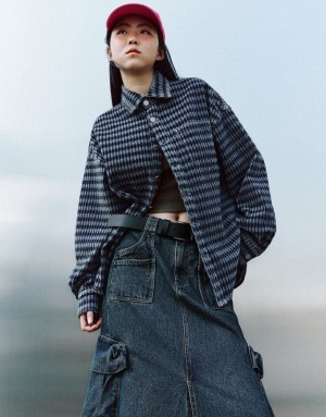 Urban Revivo Press Buttoned Checkered Denim シャツ レディース 青 | 190684-MDF