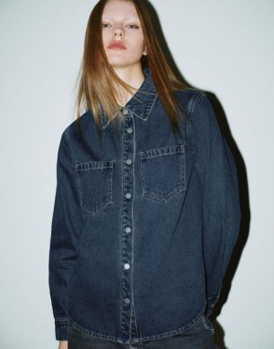 Urban Revivo Press Buttoned Denim シャツ レディース 青 | 906728-XKO