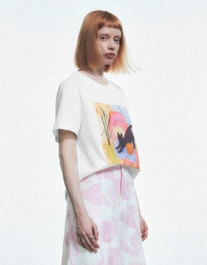 Urban Revivo Printed Crew Neck Loose Tシャツ レディース 白 | 428693-NDE