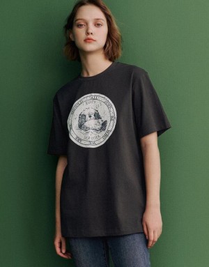 Urban Revivo Printed Crew Neck Loose Tシャツ レディース 暗グレー | 593142-WYT