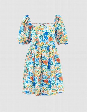 Urban Revivo Puff Sleeve Floral Print カジュアルドレス レディース 青 | 912045-KZO