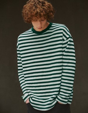 Urban Revivo ストライプ Sleeve Crew Neck Tシャツ メンズ 緑 | 756948-AGE