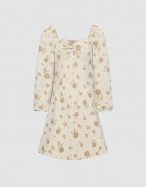 Urban Revivo Twist Front Floral Print Puff Sleeve デニムワンピース レディース 黄色 | 967541-VHY