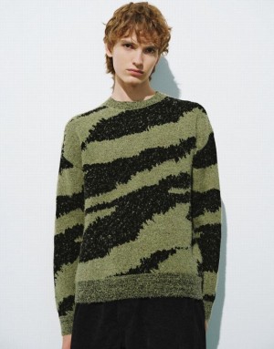 Urban Revivo Zebra Printed Crew Neck ニット カーディガン メンズ 緑 | 215864-XDE