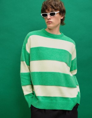 Urban Revivo ストライプ Crew Neck ニット カーディガン メンズ 緑 | 394201-VNE