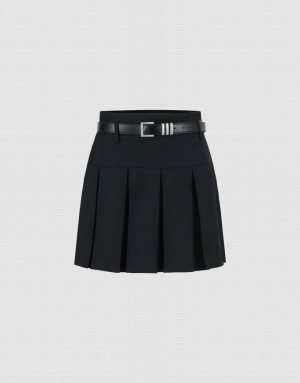 Urban Revivo プリーツ Mini A-Line With Belt スカート レディース 黒 | 684531-VNU