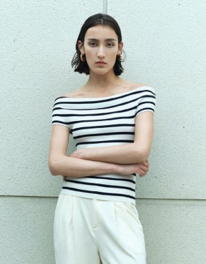 Urban Revivo ストライプ ノースリーブ Off-Shoulder ニット Top カーディガン レディース 白 | 382065-OSG