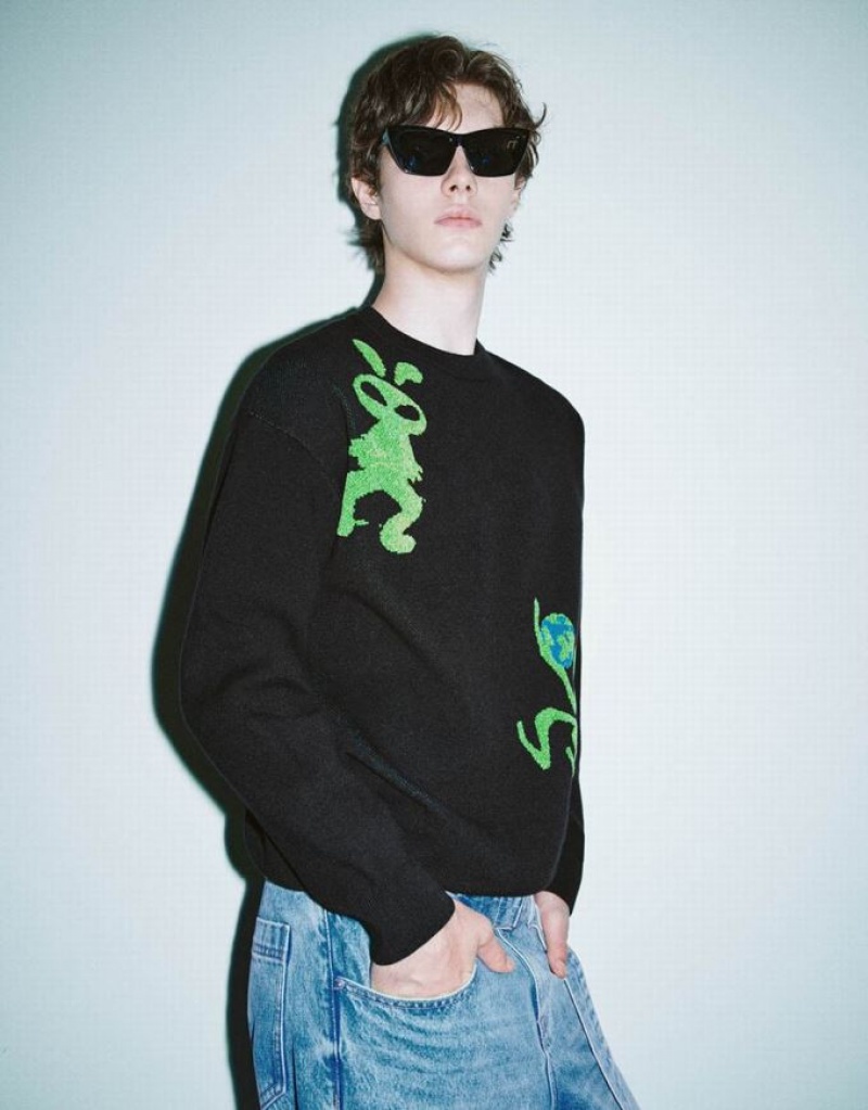 Urban Revivo Alien Embroidered ニット カーディガン メンズ 黒 | 981462-ZWF