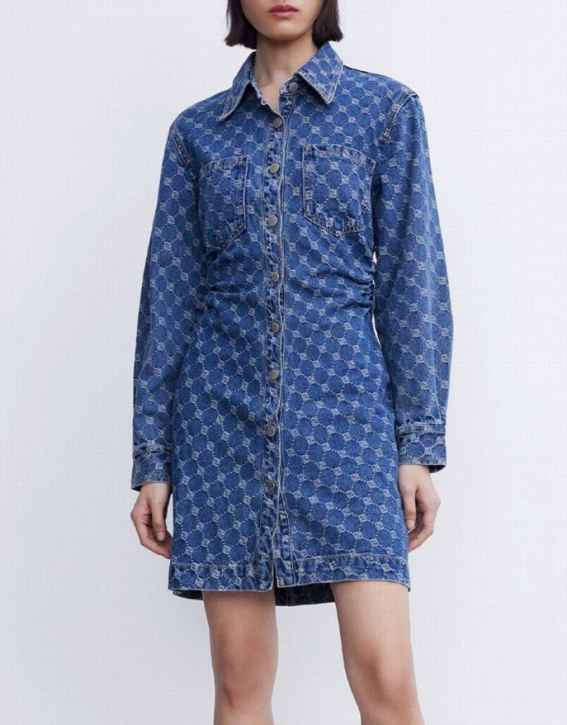 Urban Revivo Allover Jacquard Ruched Button Up デニムワンピース レディース 青 | 537460-ROA