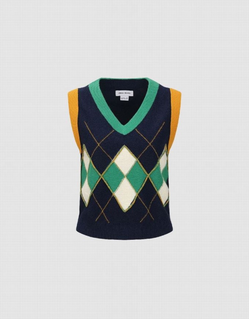 Urban Revivo Argyle Printed V-Neck ニット カーディガン レディース 青 | 706982-NKT