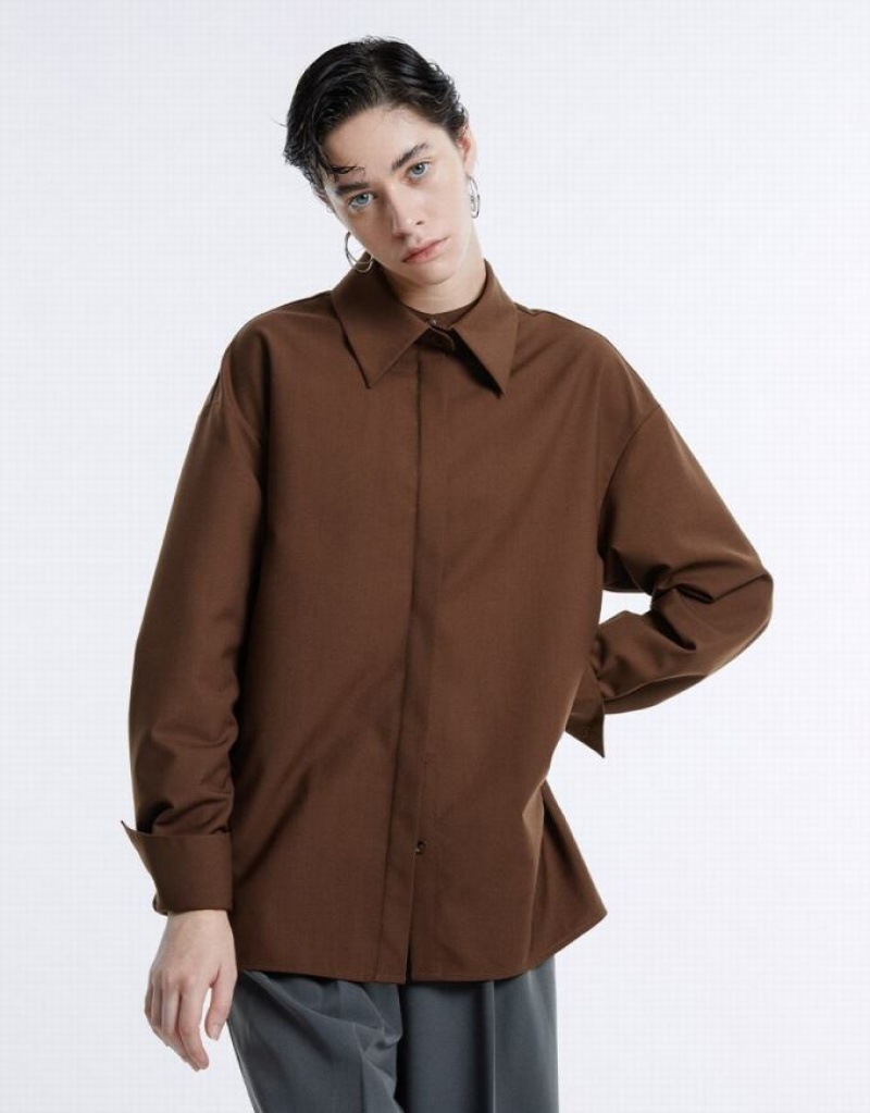 Urban Revivo Basic Button Up シャツ レディース ブラウン | 726340-JWN