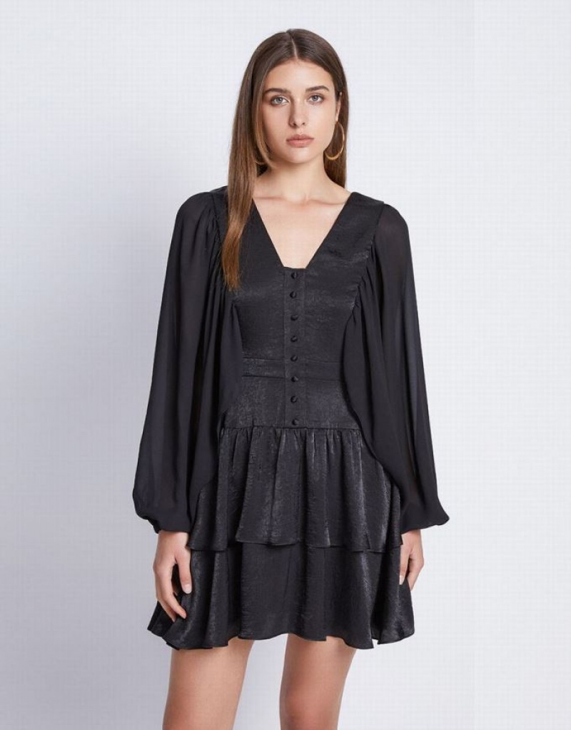 Urban Revivo Batwing Button Front Tiered Ruffle Hem カジュアルドレス レディース 黒 | 084567-ICO