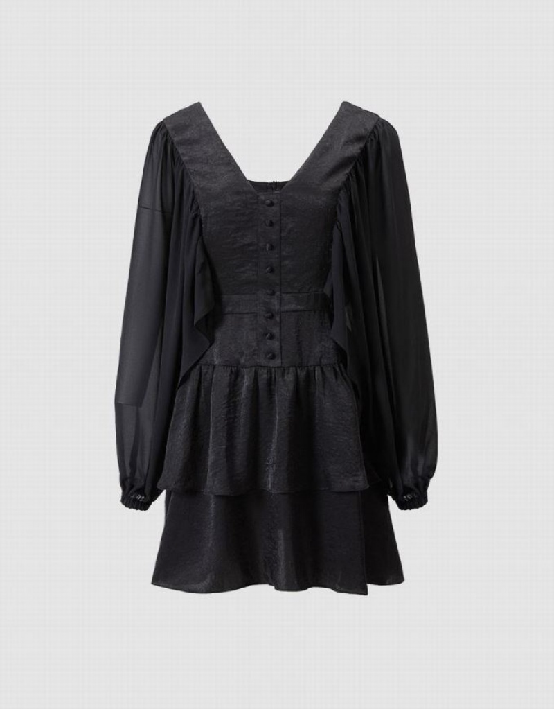 Urban Revivo Batwing Button Front Tiered Ruffle Hem カジュアルドレス レディース 黒 | 084567-ICO