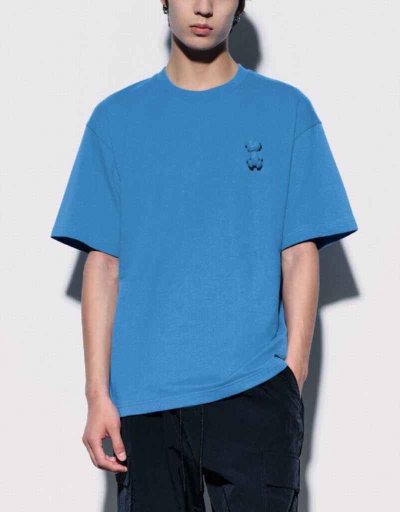 Urban Revivo Bear Detail Crew Neck Tシャツ メンズ 青 | 546173-YFW