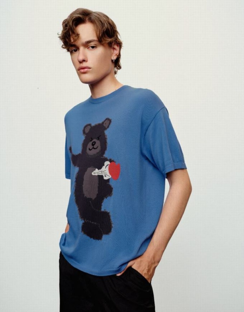 Urban Revivo Bear Printed ニット カーディガン メンズ 青 | 964832-CKG