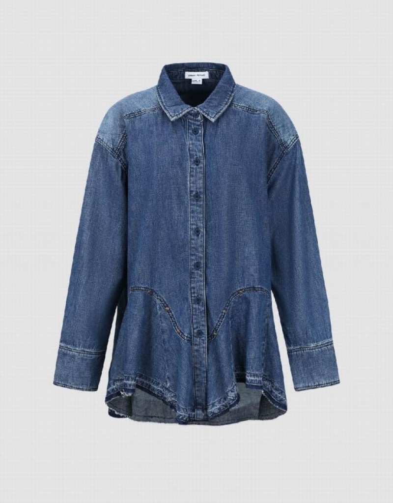 Urban Revivo Button Up Loose Denim シャツ レディース 青 | 723561-LXE