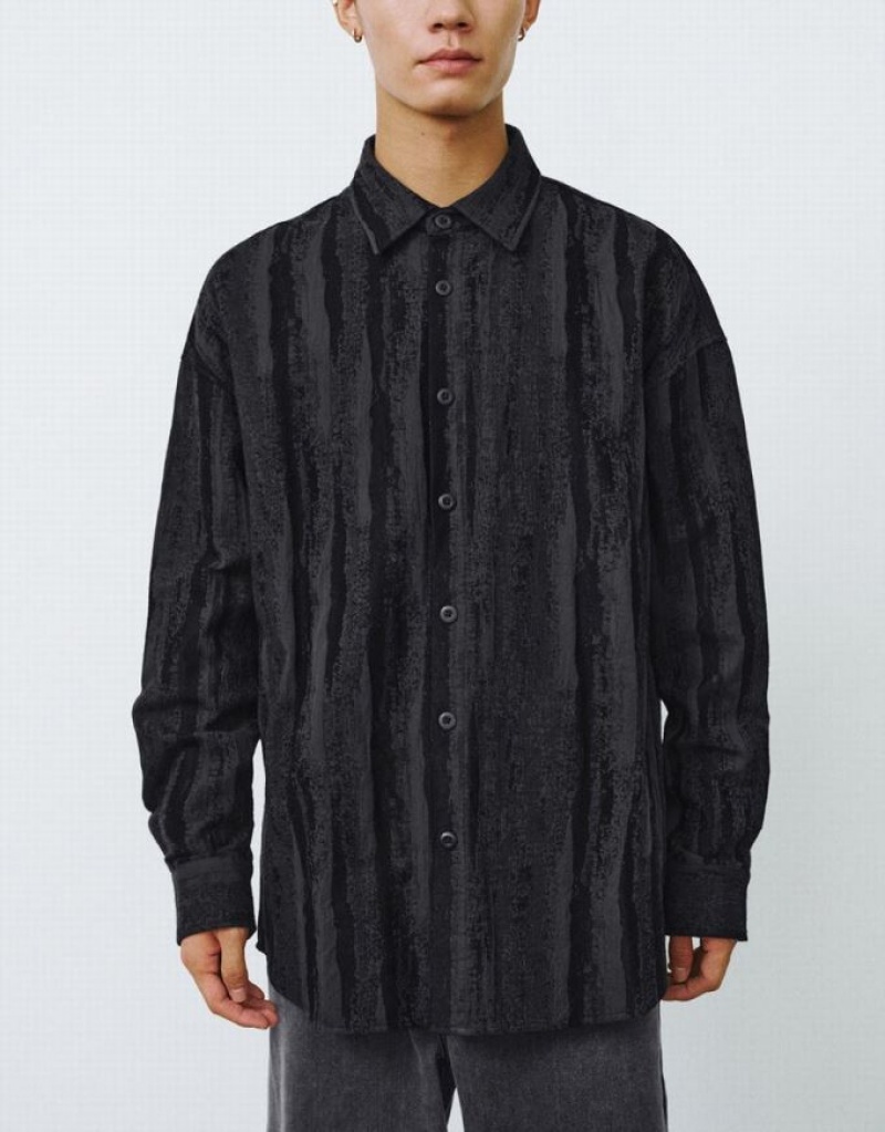 Urban Revivo Button Up Printed Loose シャツ メンズ 黒 | 169570-HGI