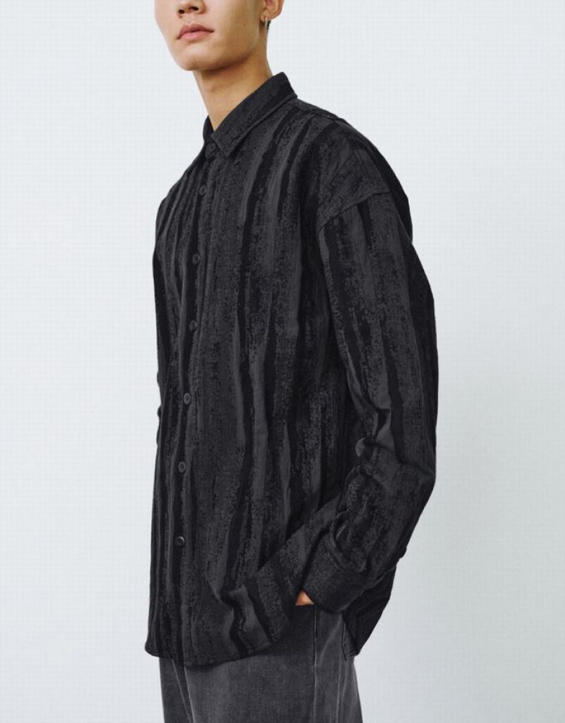 Urban Revivo Button Up Printed Loose シャツ メンズ 黒 | 169570-HGI