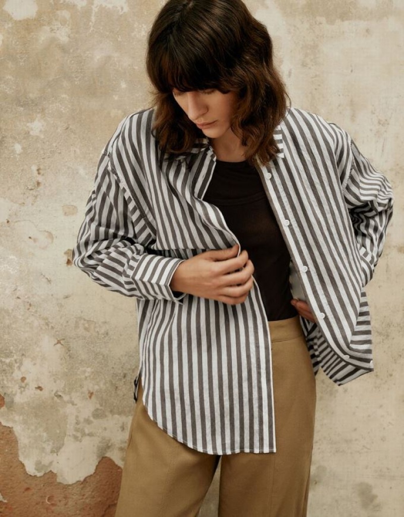 Urban Revivo Button Up 真っ直ぐ シャツ レディース Stripes | 643729-TJH