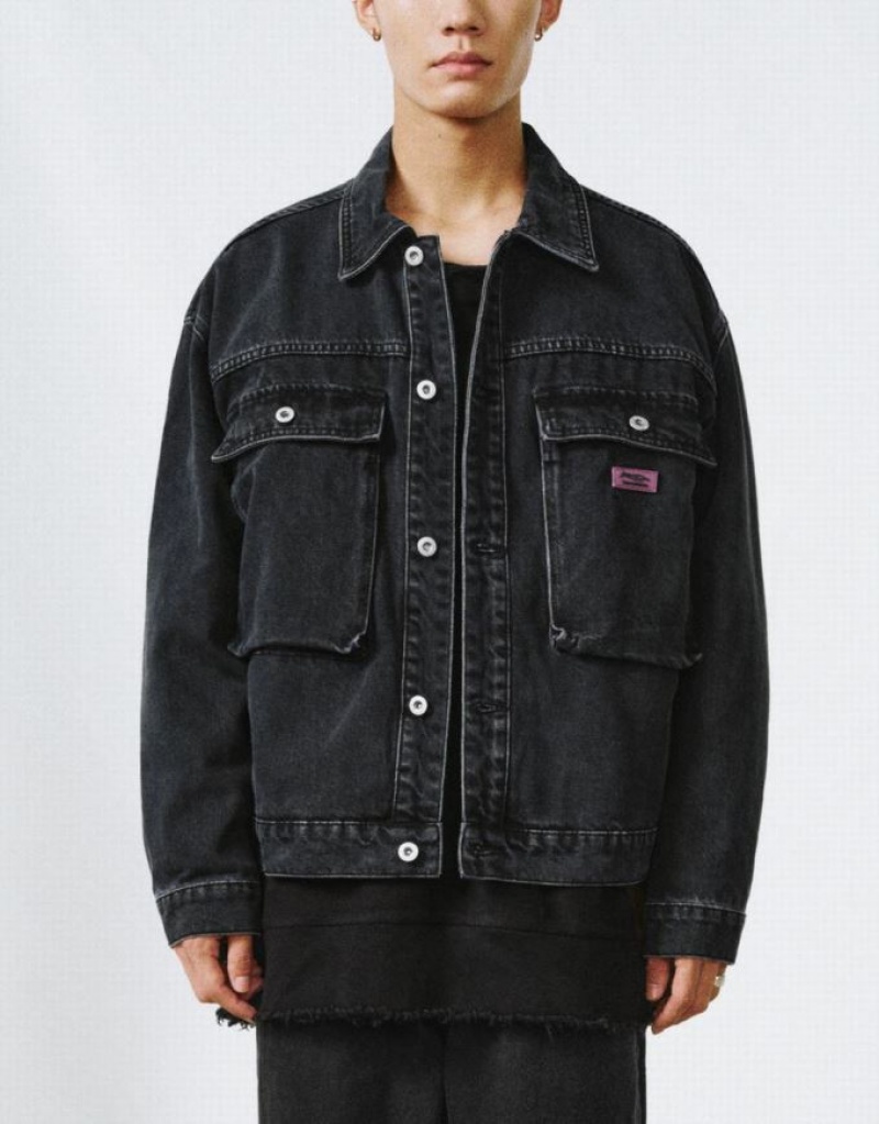 Urban Revivo Button Up デニムジャケット メンズ 黒 | 761539-ABW